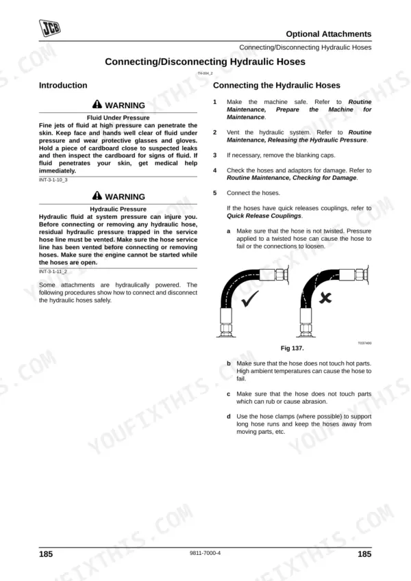 JCB 426E, 434S, 436E, 456E procedure for connecting and disconnecting optional attachment hydraulic hoses safely.