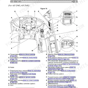 JCB 427, 435S, 437 operator station component location diagram showing cab controls, switches, and interior layout.