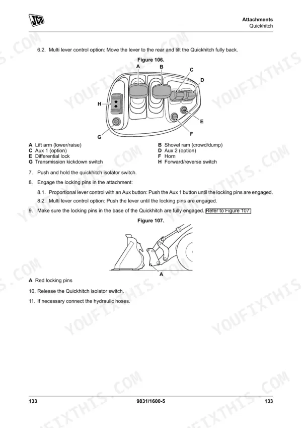 JCB 427, 435S, 437 Quickhitch attachment control diagram, locking pin procedure, and joystick button identification.