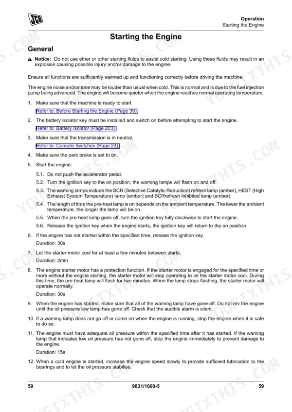 JCB 427, 435S, 437 operator manual page detailing engine starting procedures, warning lamps, and starter motor protection.