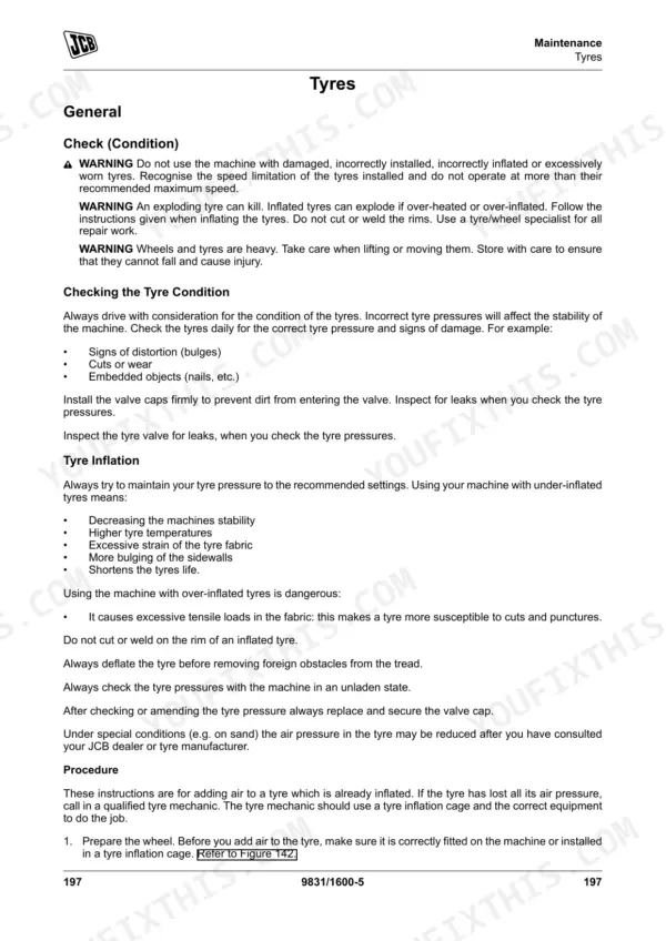 JCB 427, 435S, 437 maintenance manual page covering tyre condition, inflation safety warnings, and inspection procedures.