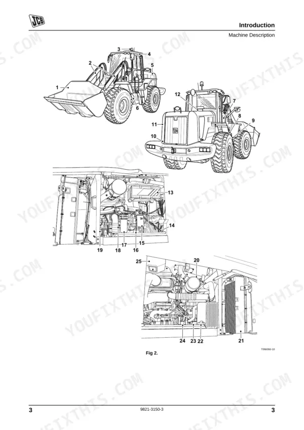 JCB 427, 435S, 437 machine description diagram showing loader exterior components and engine compartment layout.