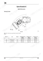 jcb-427-435s-437-wheeled-loader-operator-manual-9821-3150-specs-211.webp JCB 427, 435S, 437 turning circle diagram and specifications table for shovel and tyre radius dimensions.