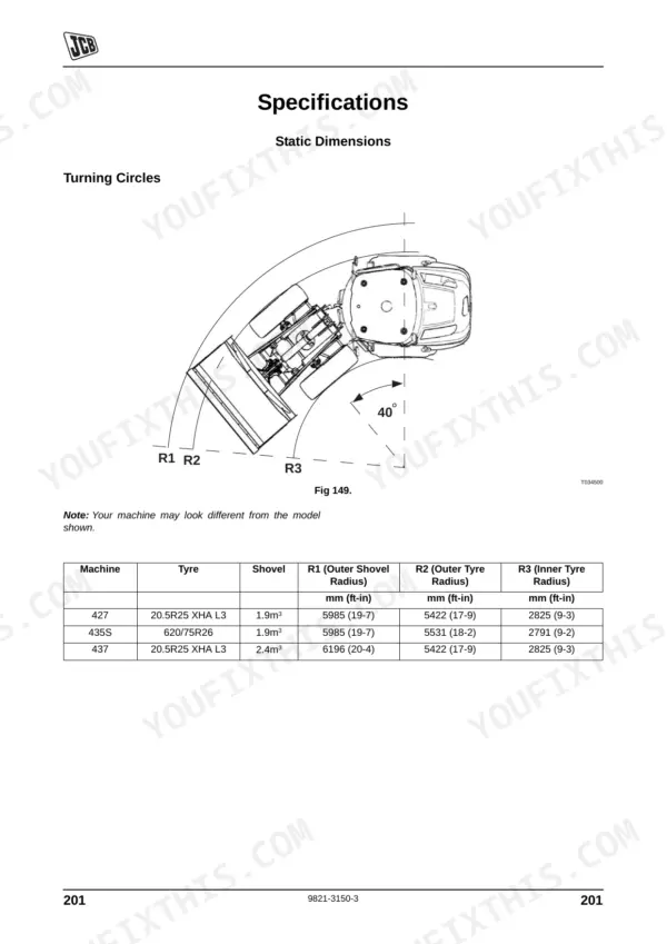 JCB 427, 435S, 437 turning circle diagram and specifications table for shovel and tyre radius dimensions.