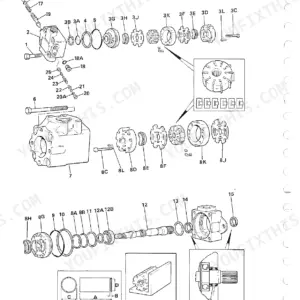 JCB 435 Wheeled Loader hydraulic pump exploded view diagram showing internal components, seals, and drive shaft assembly.