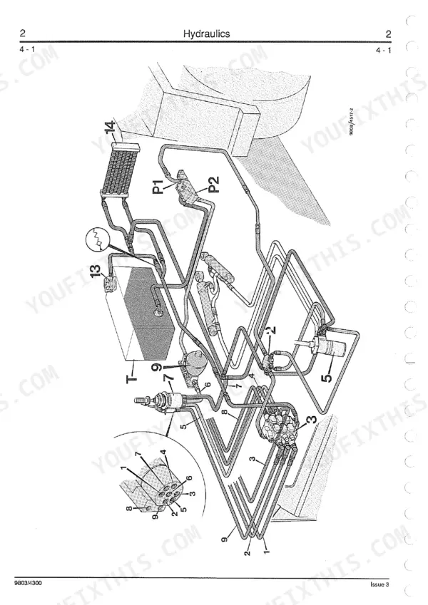JCB 435 Wheeled Loader hydraulic system diagram showing oil cooler, reservoir, control valve, and numbered hose routing.