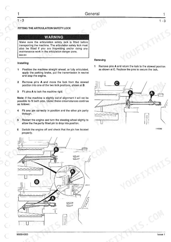JCB 435 Wheeled Loader service manual procedure for installing and removing the articulation safety lock pins.