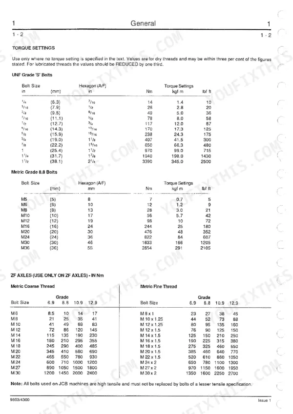 JCB 435 Wheeled Loader torque settings table for UNF, Metric 8.8 bolts, and ZF axle coarse and fine thread fasteners.