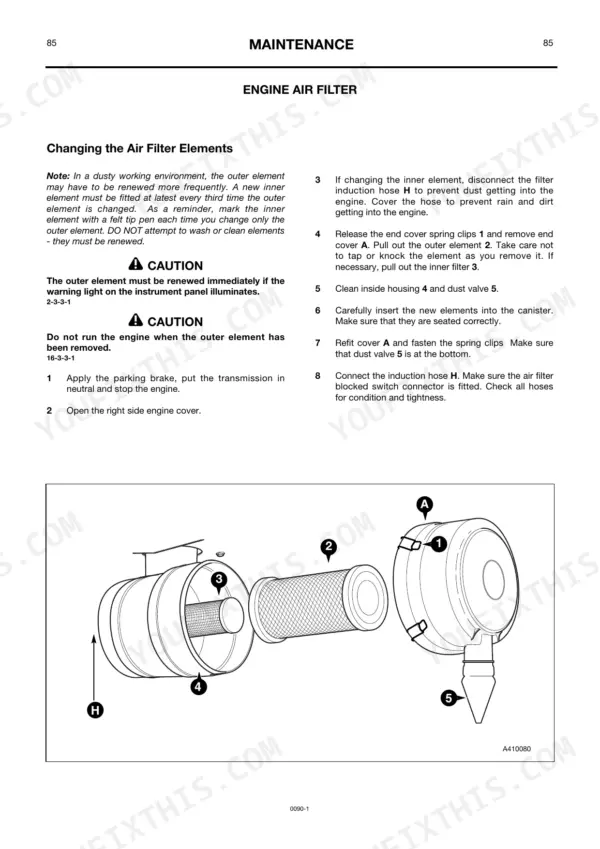 JCB 436, 436HT, 436ZX maintenance manual page showing procedure and exploded view for changing engine air filter elements.