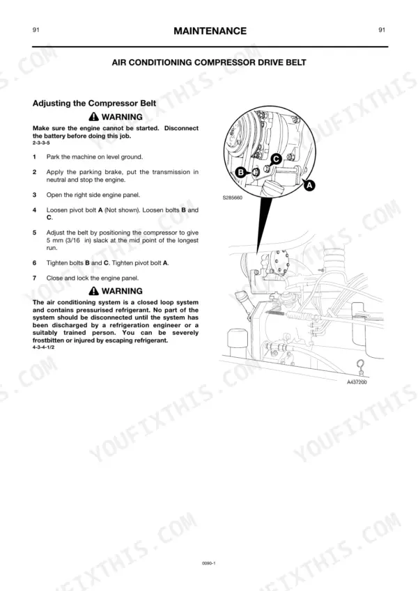 JCB 436, 436HT, 436ZX maintenance procedure for adjusting the air conditioning compressor drive belt tension.