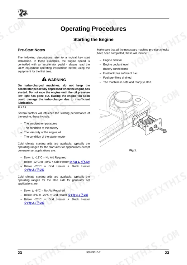 JCB 444 Engine, 448 Engine, JCB DIESELMAX ENGINE (MECHANICAL) operating procedures for starting and cold start aids.