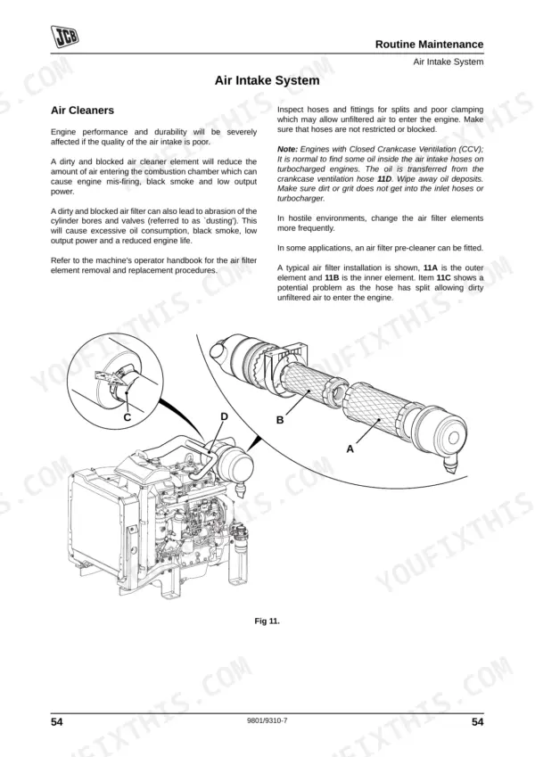 JCB 444 Engine, 448 Engine, JCB DIESELMAX ENGINE (MECHANICAL) air intake system maintenance and filter diagram.