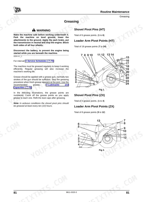 JCB 446, 456 maintenance manual page showing grease point locations for shovel and loader arm pivot pins with diagrams.