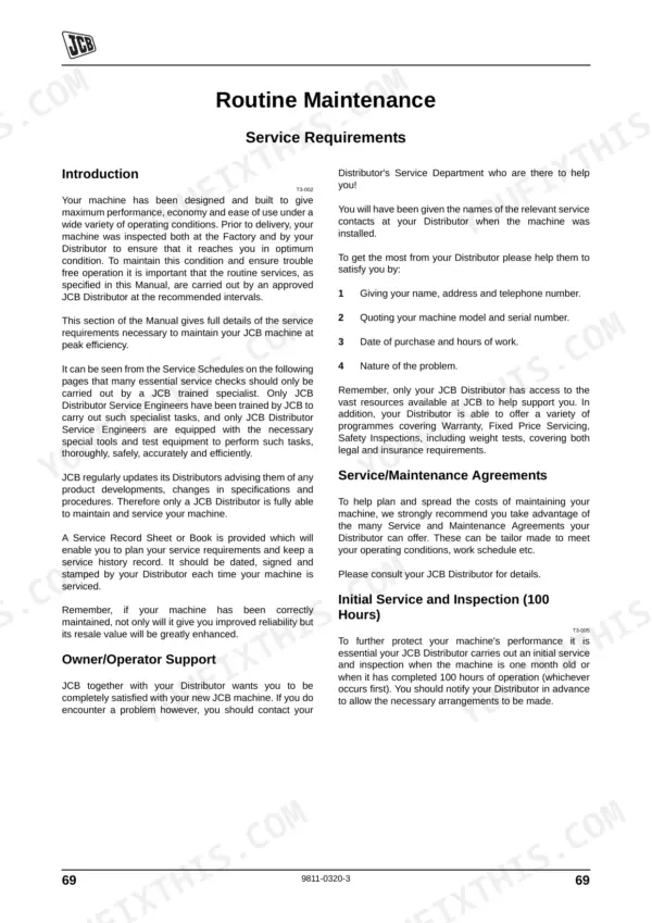 JCB 446, 456 routine maintenance service requirements, owner support, and initial 100-hour inspection procedures.