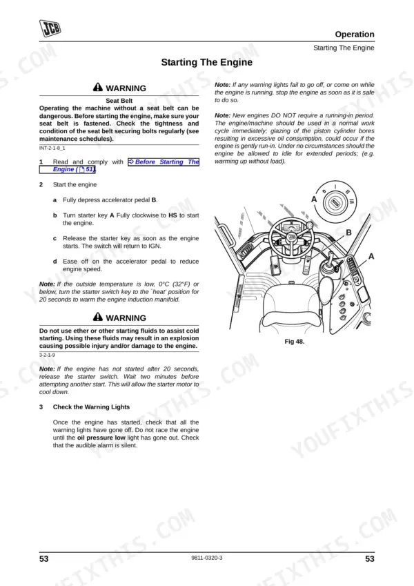 JCB 446, 456 engine starting procedure with operator station diagram showing ignition switch and accelerator pedal.