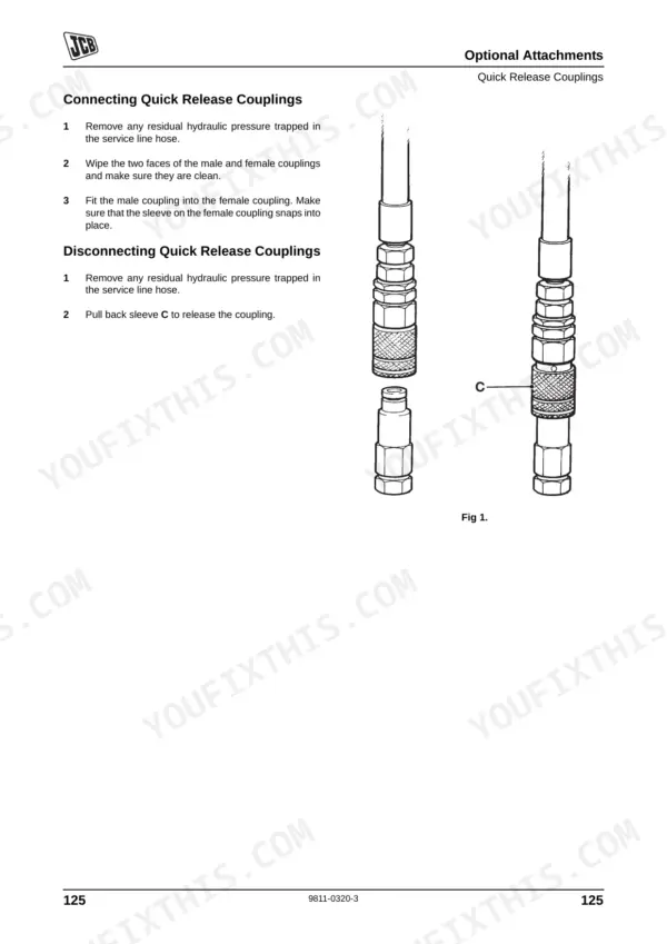 JCB 446, 456 procedures for connecting and disconnecting hydraulic quick release couplings with diagram.