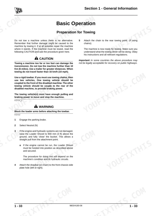 JCB 446, 456, 456ZX, 456 Wheeled Loading Shovel, 446 Wheeled Loading Shovel, Wheeled Loading Shovel, 456e towing procedure guide.