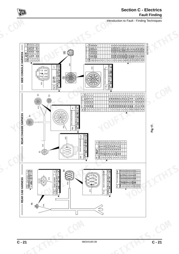 JCB 446, 456, 456ZX, 456 Wheeled Loading Shovel, 446 Wheeled Loading Shovel, Wheeled Loading Shovel, 456e wiring harness pinout diagrams and connector tables for cab and chassis electrical systems.