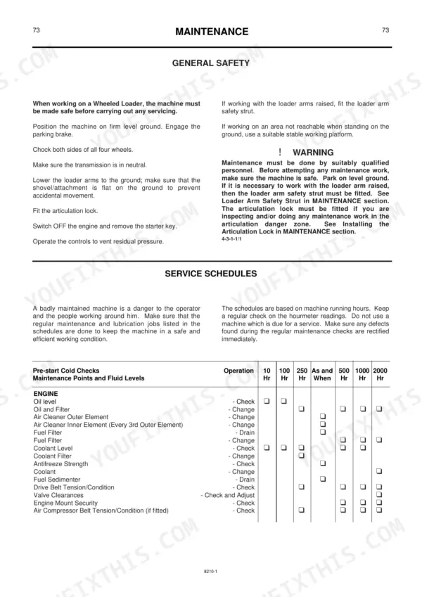 JCB 456B maintenance page showing general safety procedures and engine service schedule table for fluid levels and checks.