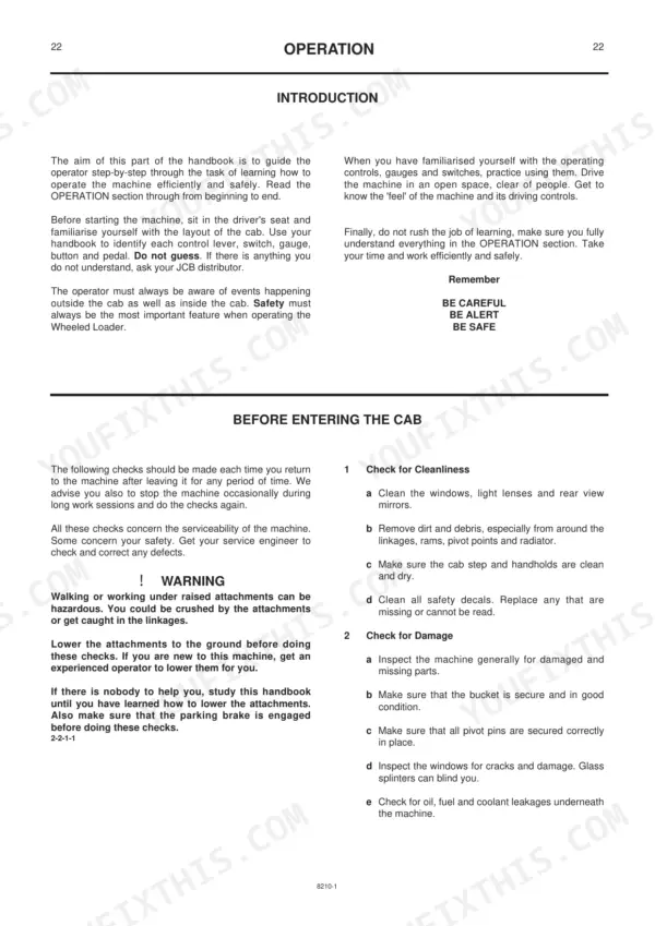 JCB 456B operator manual page covering introduction and pre-entry cab inspection procedures for wheeled loaders.