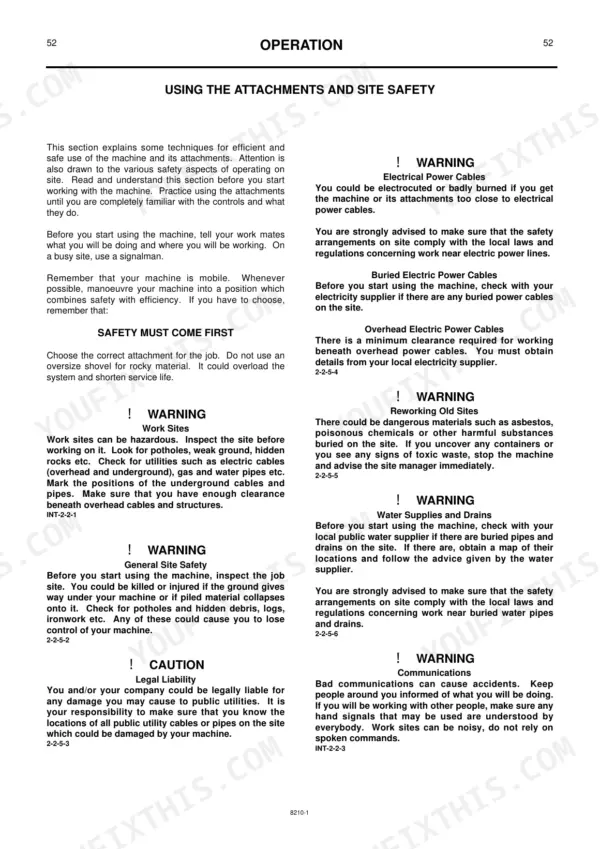 JCB 456B operator manual page covering site safety, electrical power cable hazards, and utility avoidance procedures.