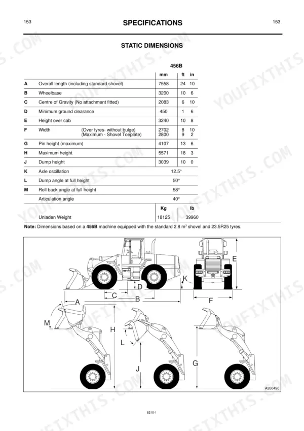 JCB 456B static dimensions specification table and diagram showing machine length, height, width, and operating angles.
