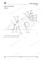 jcb-457-wheeled-loader-operator-manual-9821-2150-exploded-view-151.webp JCB 457 routine maintenance diagram showing greasing points for loader arms and shovel pivot pins 1 through 24.