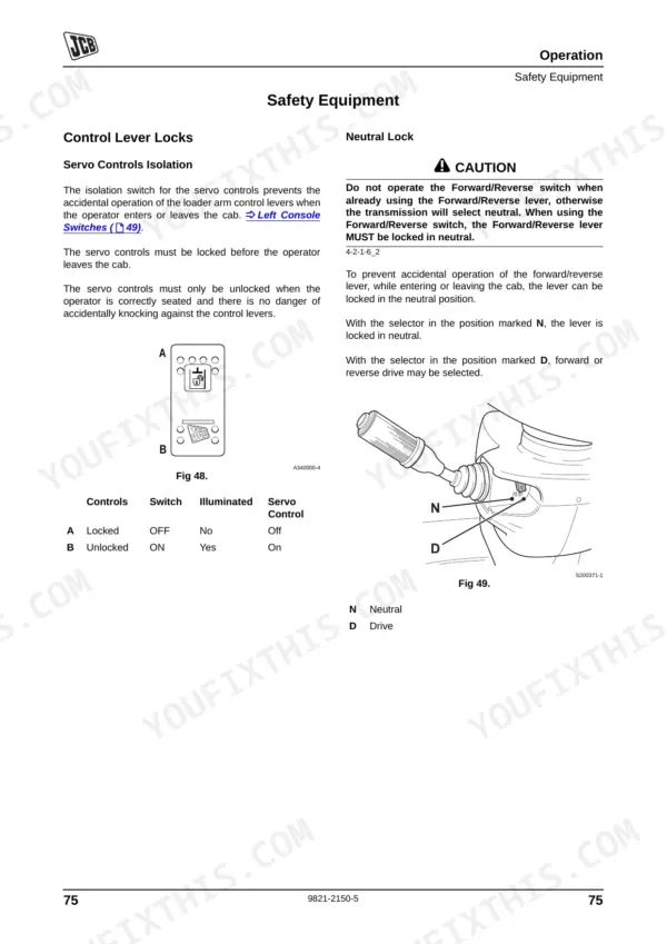 JCB 457 safety equipment manual showing servo control lever locks and neutral lock operation diagrams and tables.