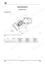 jcb-457-wheeled-loader-operator-manual-9821-2150-specs-215.webp JCB 457 specifications page showing turning circle diagram and table for shovel and tyre radius dimensions.