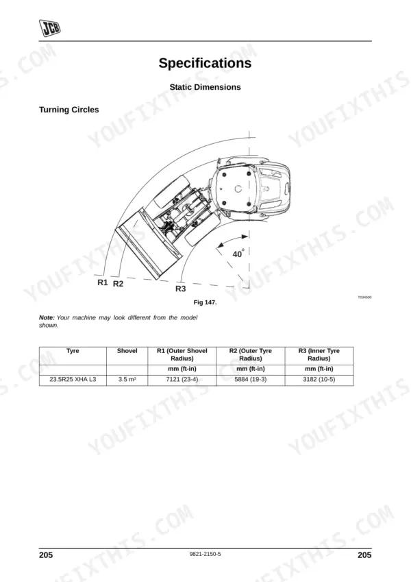 JCB 457 specifications page showing turning circle diagram and table for shovel and tyre radius dimensions.