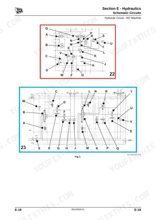 JCB 467 Wheeled Loading Shovel, 467, JCB 467, QSM 11 Tier 3: Hydraulic schematic circuit diagrams 22 and 23.