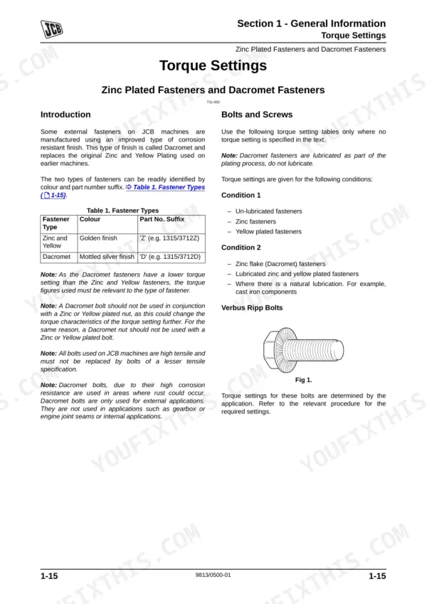 JCB 467 Wheeled Loading Shovel, 467, JCB 467, QSM 11 Tier 3: Torque settings table for zinc plated and Dacromet fasteners.