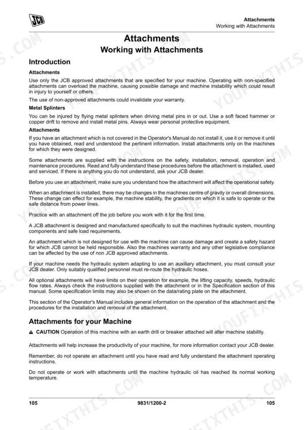 JCB 48 Z-1, 51 R-1 operator manual page covering safety, installation, and operation procedures for machine attachments.