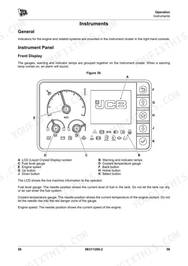 JCB 48 Z-1, 51 R-1 instrument panel diagram showing LCD screen, gauges, warning lamps, and control buttons.
