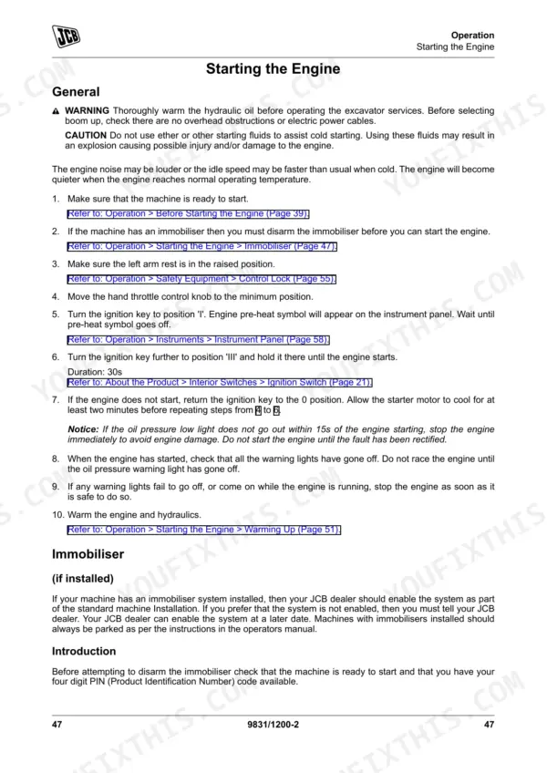 JCB 48 Z-1, 51 R-1 operator manual page detailing engine starting procedures and immobiliser system instructions.