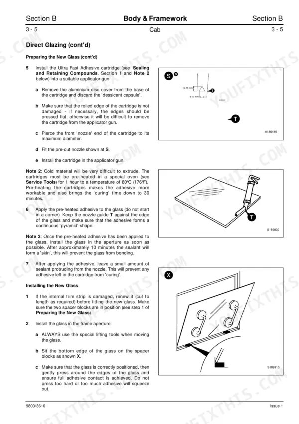JCB 504B, 526, LOADALL service manual: Direct glazing, adhesive application, and glass installation procedures.