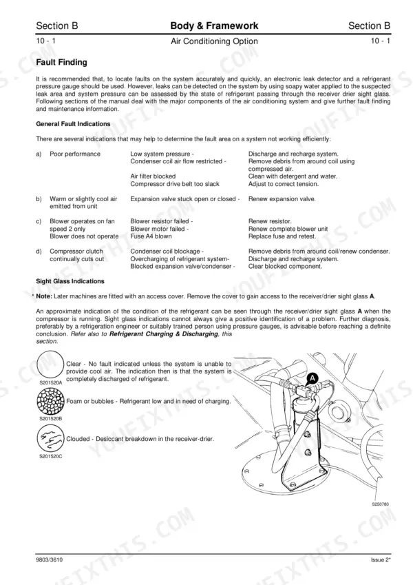 JCB 504B, 526, LOADALL air conditioning troubleshooting guide, fault indications table, and receiver-drier sight glass diagram.