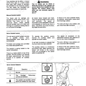 JCB 505-19, 505-22 manual and servo boom and carriage control operation guide with joystick selector diagram.
