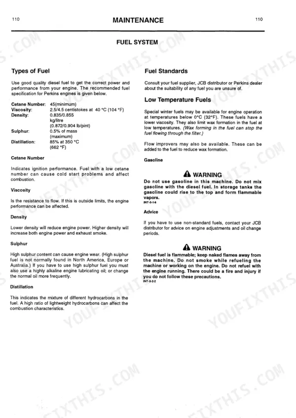 JCB 505-19, 505-22 maintenance manual page detailing fuel system specifications, fuel standards, and safety warnings.