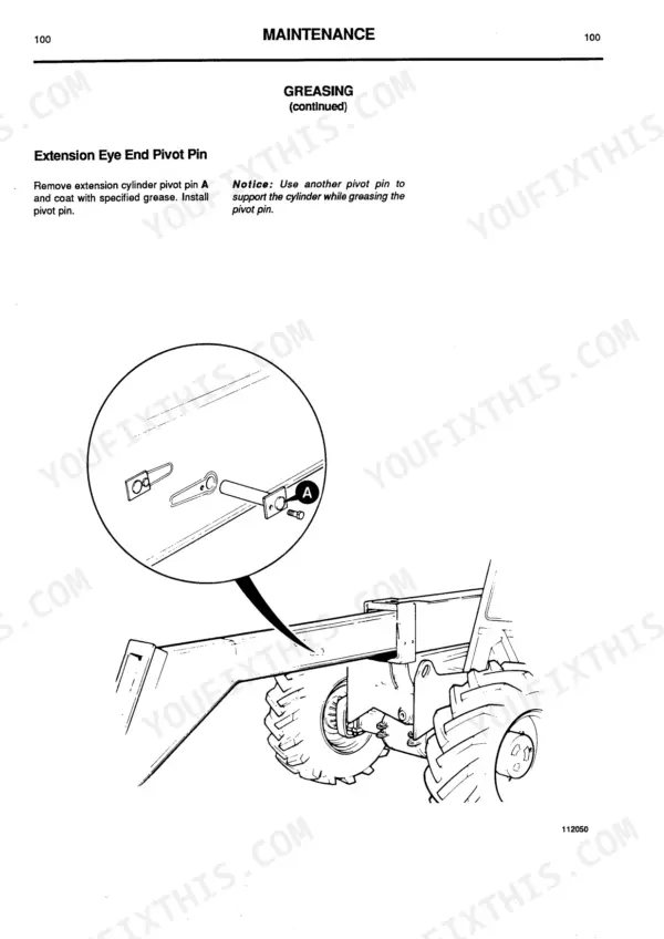 JCB 505-19, 505-22 maintenance procedure for greasing the extension cylinder eye end pivot pin A with diagram.