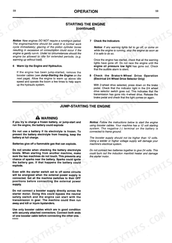 JCB 505-19, 505-22 operation manual: engine starting, warm-up, indicator checks, and jump-starting safety procedures.