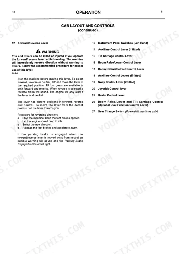 JCB 505-19, 505-22 operator manual: Cab layout, controls list, and forward/reverse lever operation procedures.