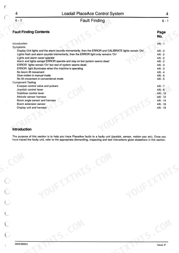 JCB 505-19, 505-22, 508-40, 506-36, 510-40, 506B PlaceAce control system fault finding table of contents.