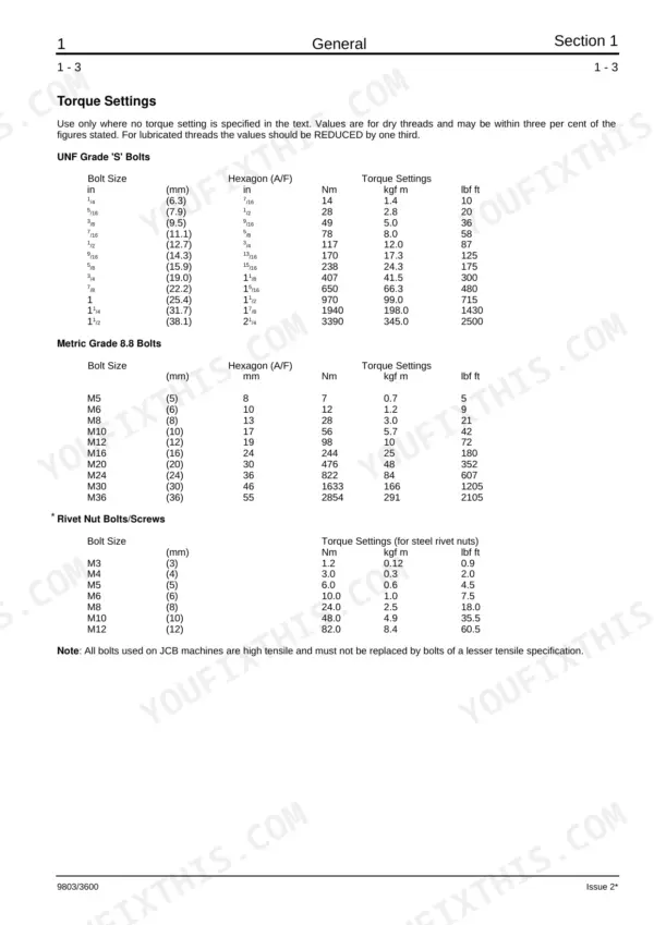 JCB 505-19, 505-22, 508-40, 506-36, 510-40, 506B torque settings table for UNF Grade S, Metric Grade 8.8 bolts, and rivet nuts.