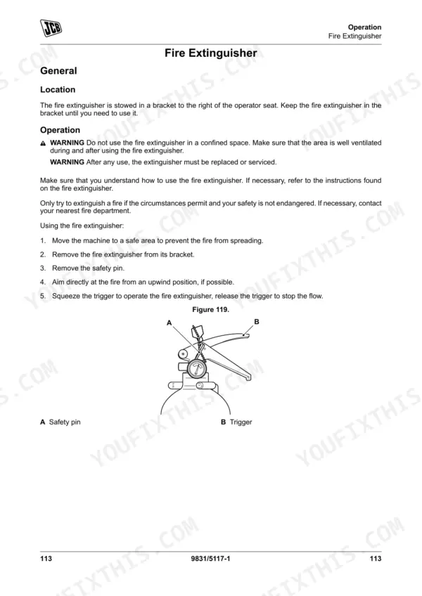 JCB 505-20 fire extinguisher operation procedure and diagram showing safety pin and trigger components.