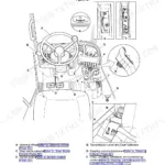 JCB 505-20 operator station diagram showing component locations for steering, transmission, pedals, and HVAC controls.