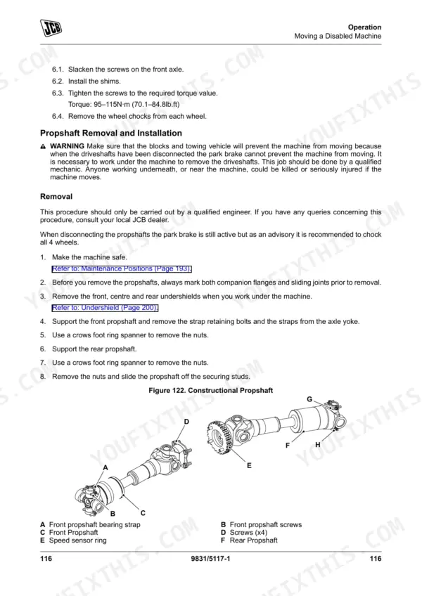 JCB 505-20 propshaft removal and installation procedure with diagram of front and rear propshaft components.