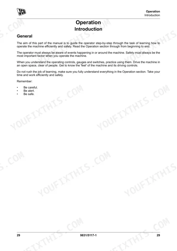 JCB 505-20 operation manual introduction page covering general safety guidelines and operator machine familiarization.