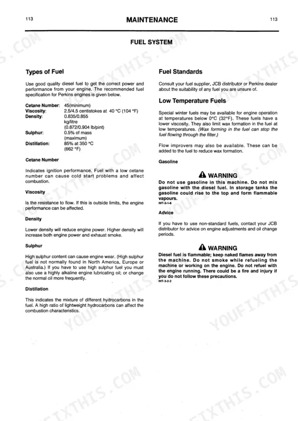 JCB 506-36, 508-40, 510-40, 506B maintenance manual page detailing fuel system specifications, standards, and safety warnings.