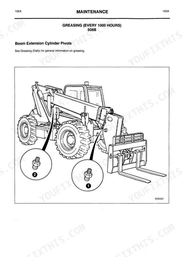 JCB 506-36, 508-40, 510-40, 506B maintenance diagram for 1000-hour greasing of boom extension cylinder pivots.